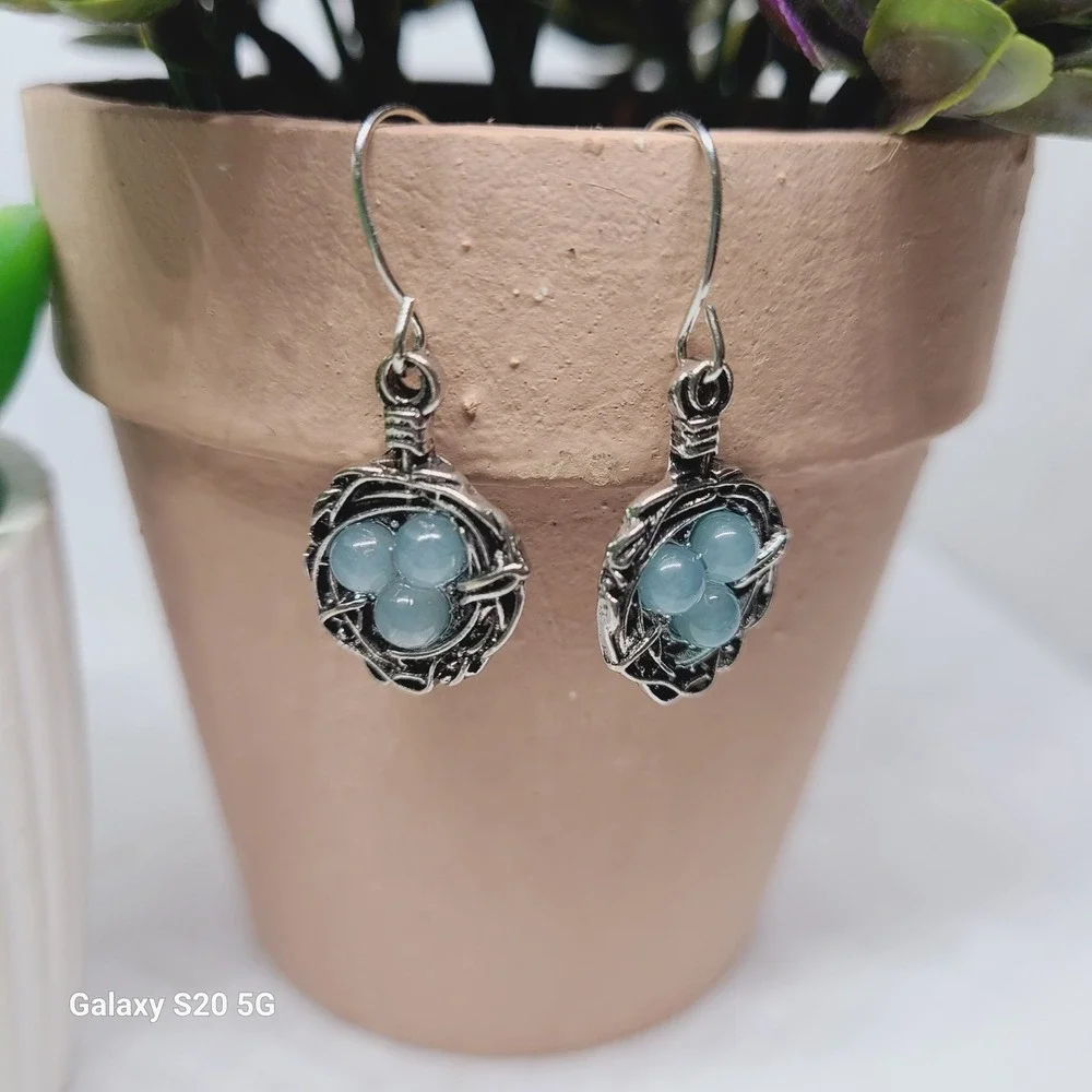 Bird Nest Earrings Blue Eggs Silver Tone‎ Dangle Drop Women's Jewelry NWOT - Picture 5 of 5